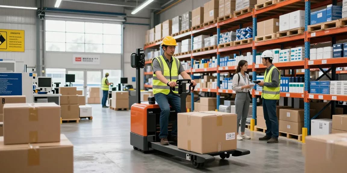 Operator using an electric pallet jack to efficiently transport goods in a bright warehouse.