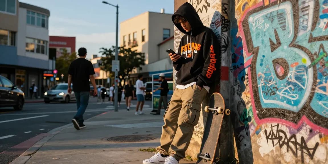 Persona in felpa trapstar che emana uno stile urbano contro uno sfondo cittadino vibrante.