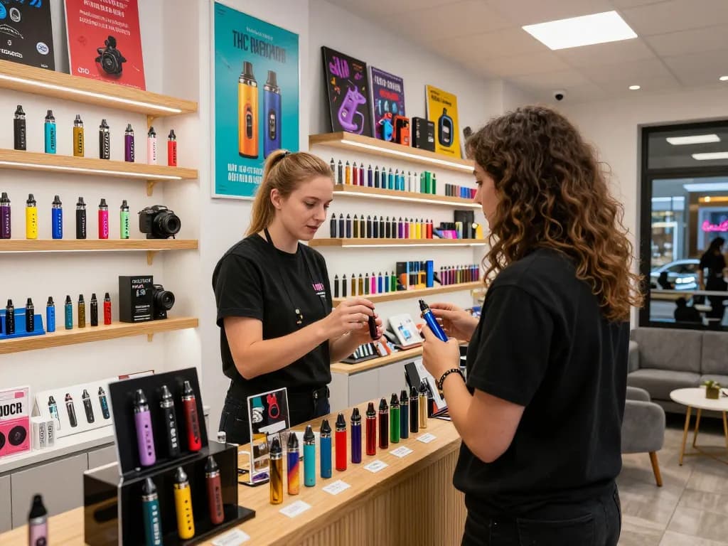 Scena coinvolgente di un negozio di vape che mostra opzioni di pen vape THC Italia con personale che assiste i clienti.