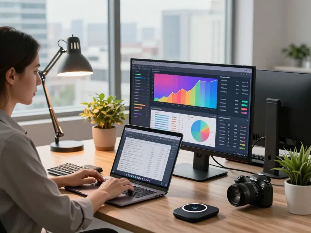 Tech gadgets for productivity in a modern office featuring a woman using a laptop, monitor with data charts, and stylish workstation elements.
