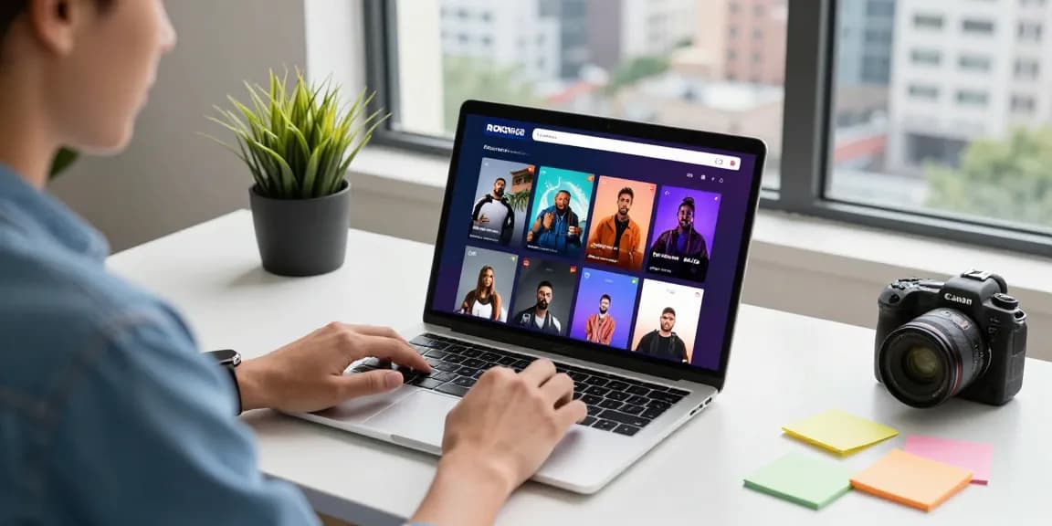 User exploring rokok88 super episodes on a sleek laptop in a modern workspace filled with vibrant notes and city views.