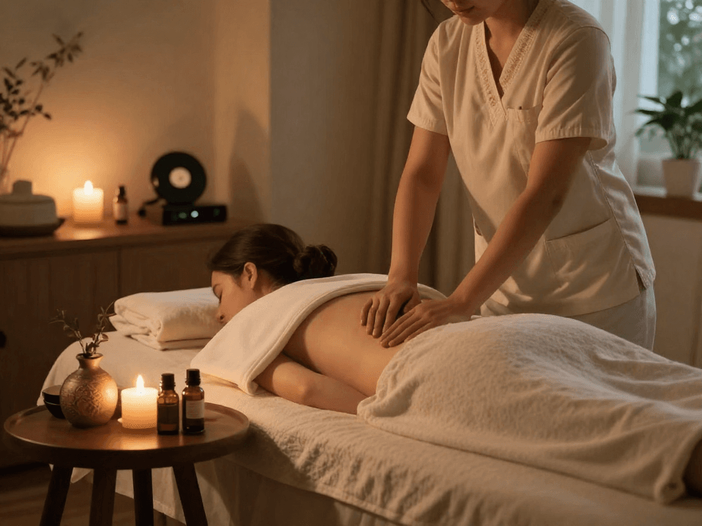Enjoy 서울출장마사지 with a professional therapist creating a calming massage setting at home.