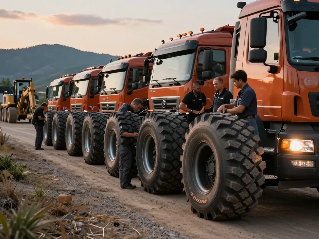 RR99 tires showcased on trucks during inspection on mixed service terrain