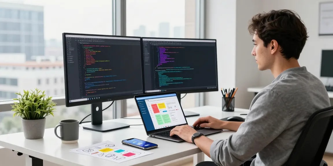 Download Telegram on a modern tech workspace with dual monitors showing code.