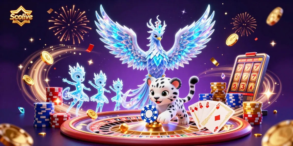 Socolive showcases vibrant visuals of an ice phoenix and playful characters in a lively casino-themed scene.