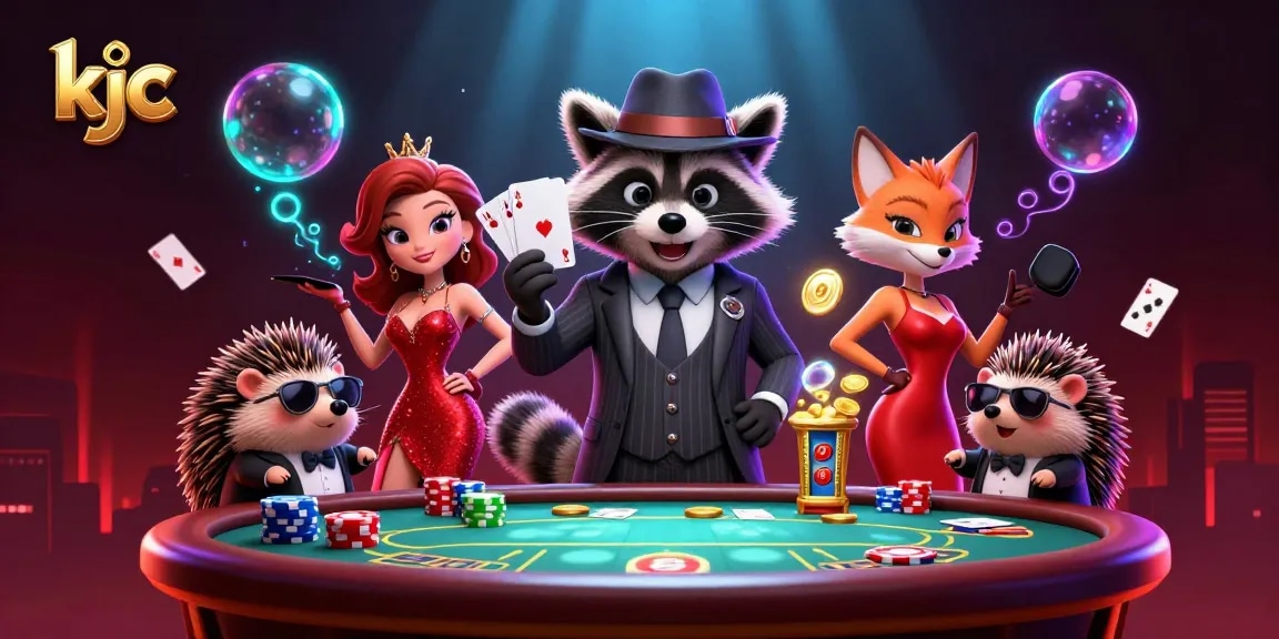 KJC reveals a dynamic scene with a stylish raccoon, a fox lady, and a hedgehog, engaging in a vibrant poker game.