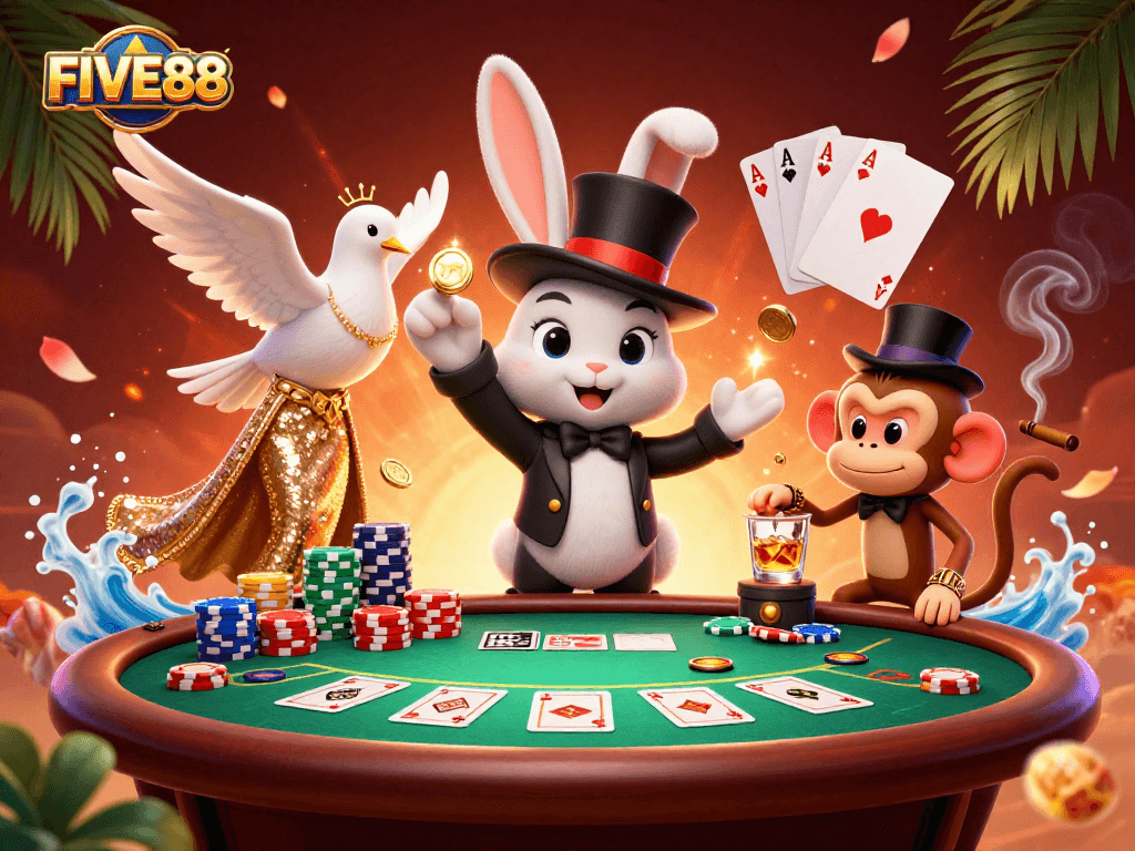 Engage in thrilling gaming with FIVE88, showcasing playful characters in a vibrant casino scene.