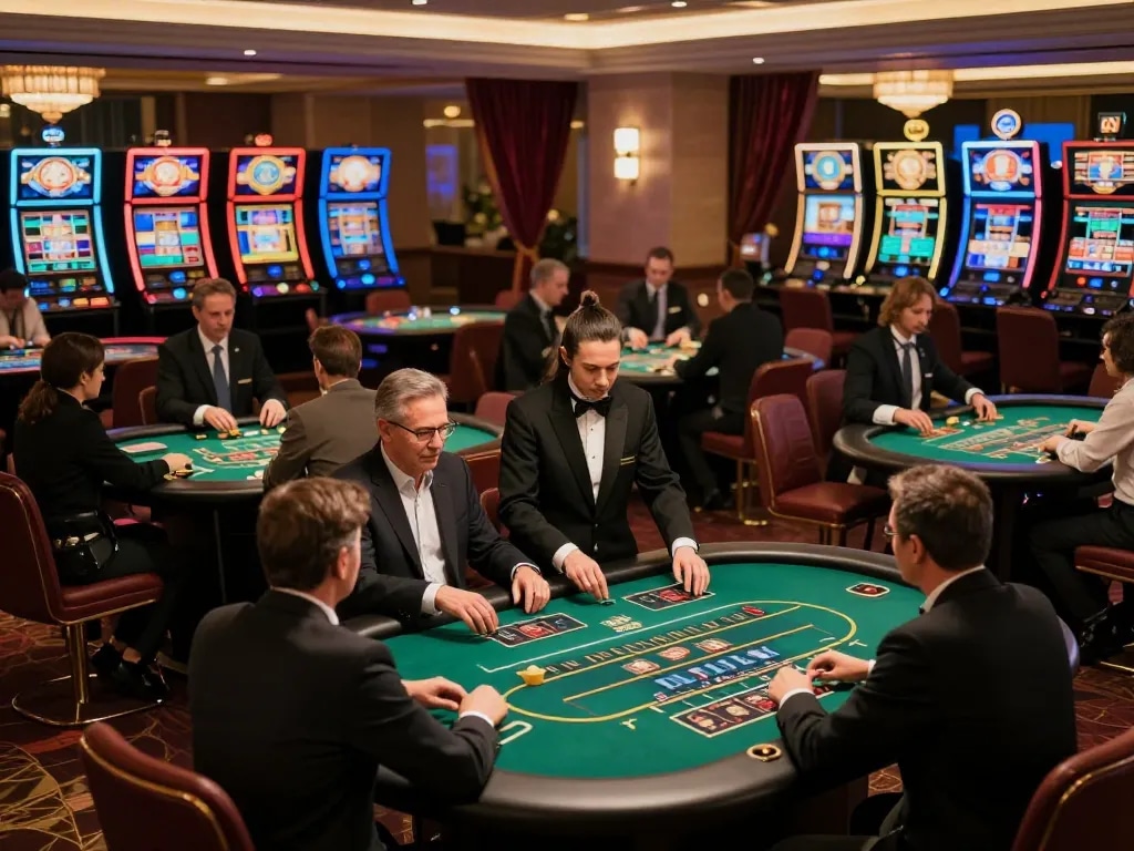 MIG8 players engaged in exciting live casino games with professional dealers in a luxurious setting.