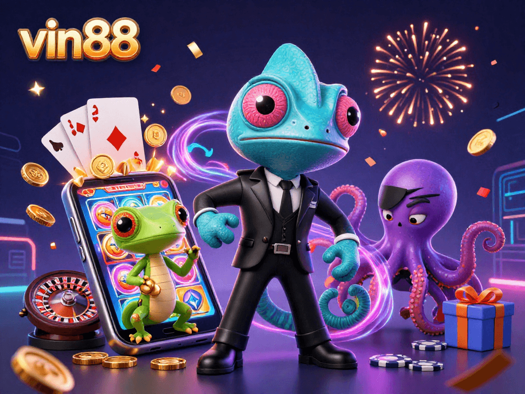 Win big with vin88: a thrilling 3D scene featuring dynamic casino elements and colorful game effects.