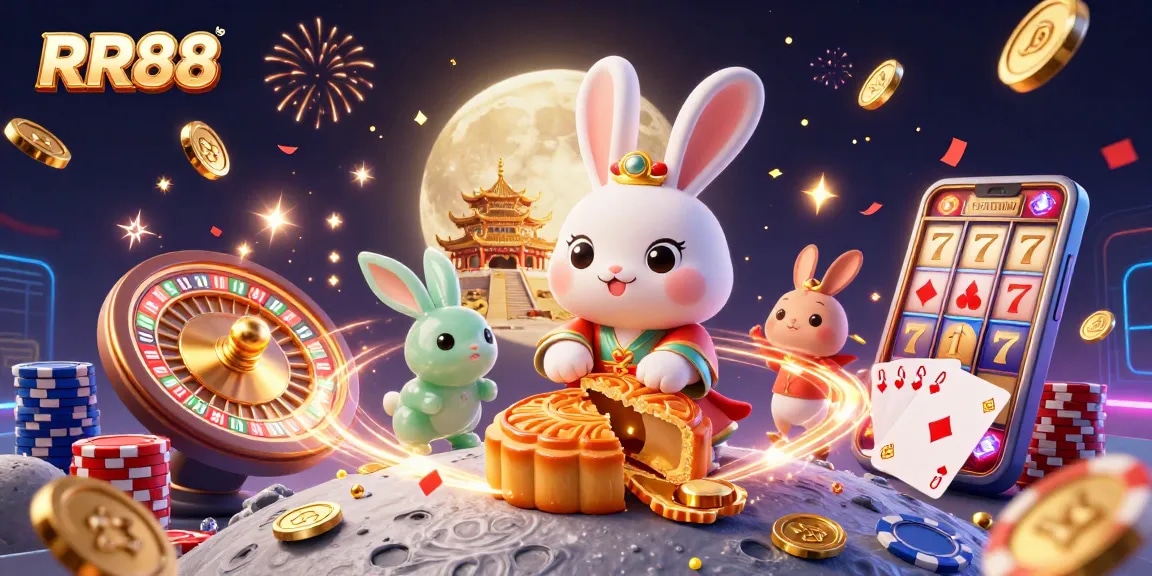 Experience RR88's exciting gaming adventure with a playful moon rabbit and poker chips.