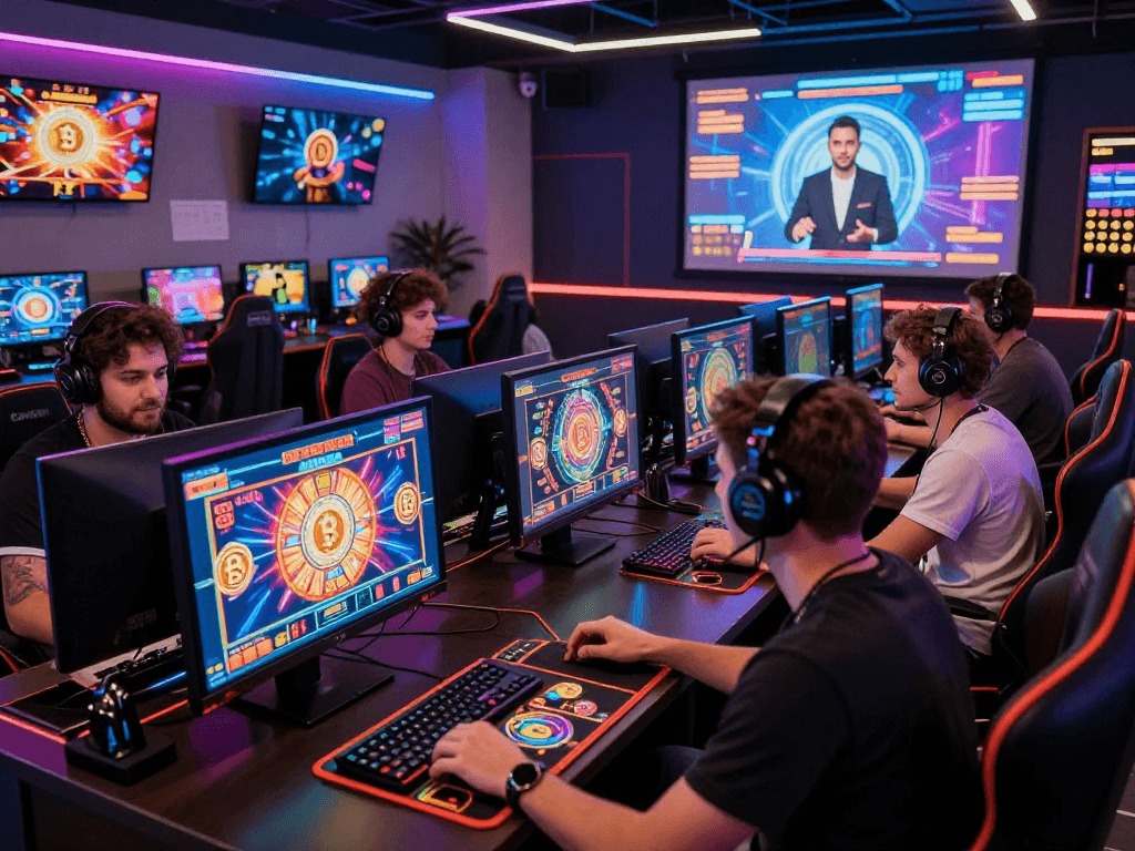 Engaged players at a vibrant crypto casino enjoying virtual games with holographic displays and advanced technology.
