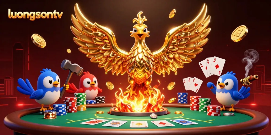Experience the excitement of luongsontv with a vibrant 3D scene of a molten metal phoenix surrounded by poker elements.