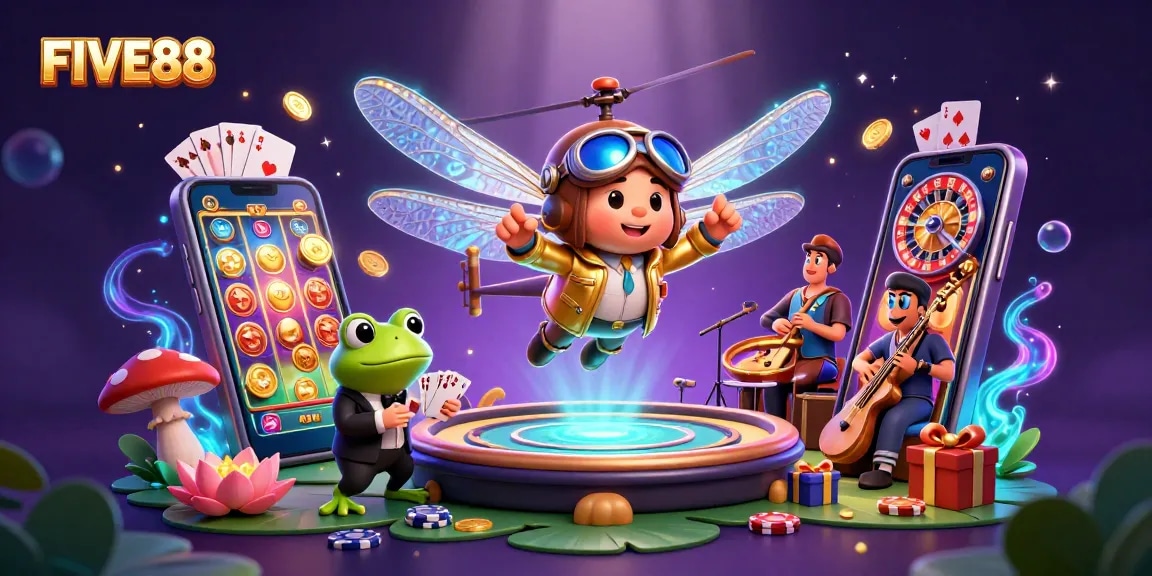 Engage with the vibrant FIVE88 casino scene featuring a dragonfly pilot and frog croupier.