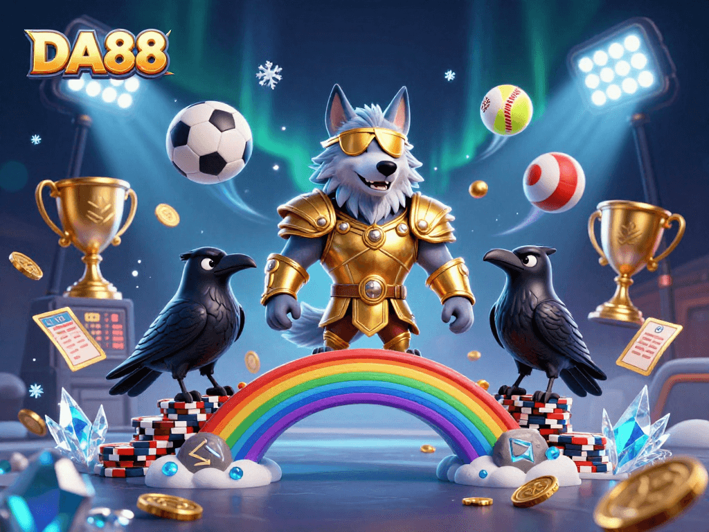 DA88 features a dynamic 3D scene with Norse mythology characters and sports elements highlighting an exciting online gambling experience.