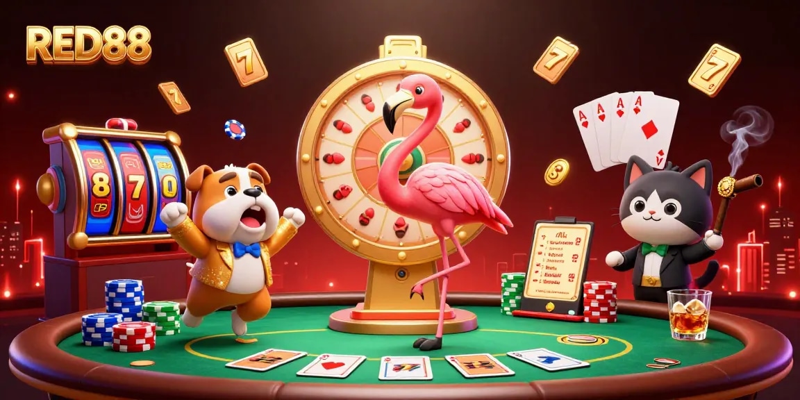 Experience exciting gameplay with RED88's dynamic casino scene featuring a game show host and contestants.