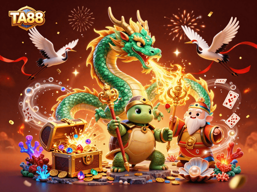 Experience winning at TA88 with vibrant dragons, treasures, and festive decorations in a captivating casino scene.