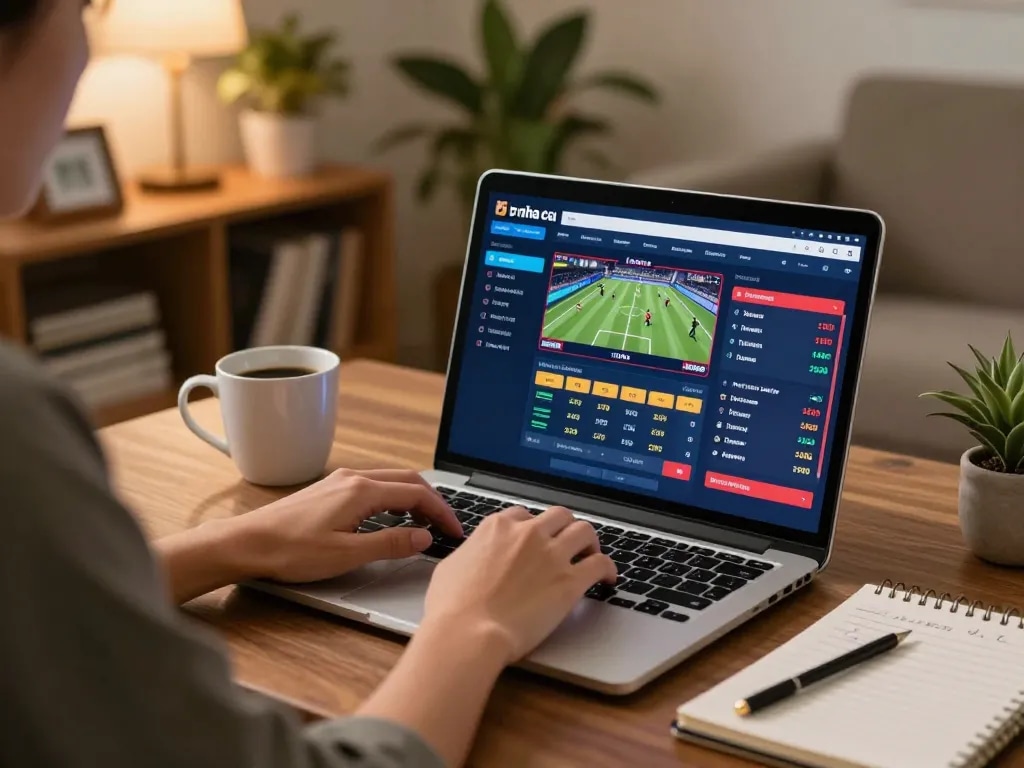 Engaging with keo nha cai sports betting setup at home, showcasing live match interface and strategic notes.