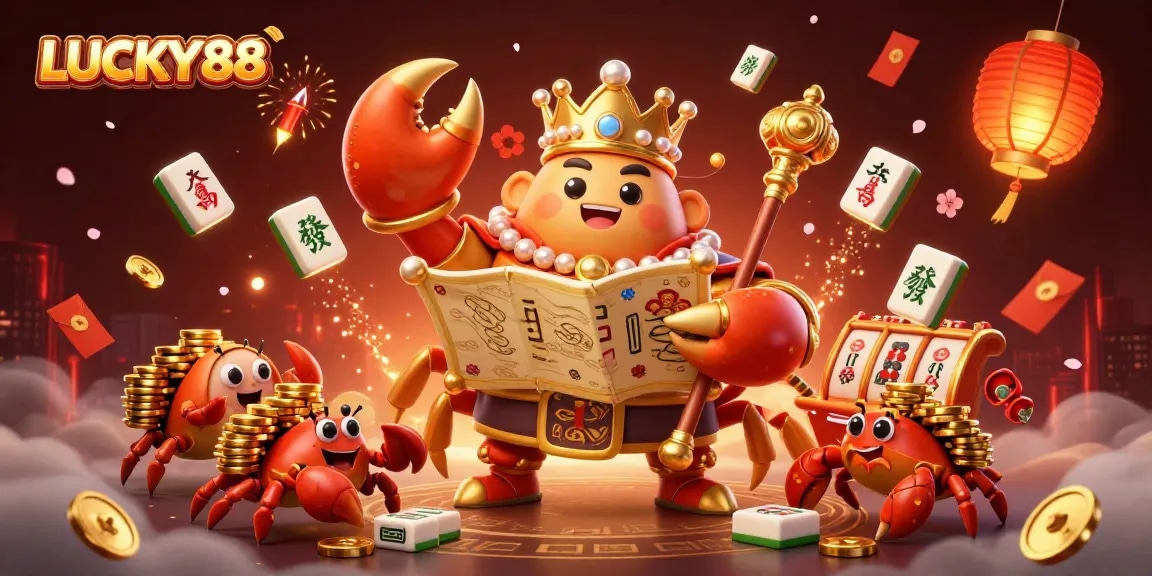 Experience the thrill of LUCKY88 with a golden crab emperor and treasures in dynamic casino scene.