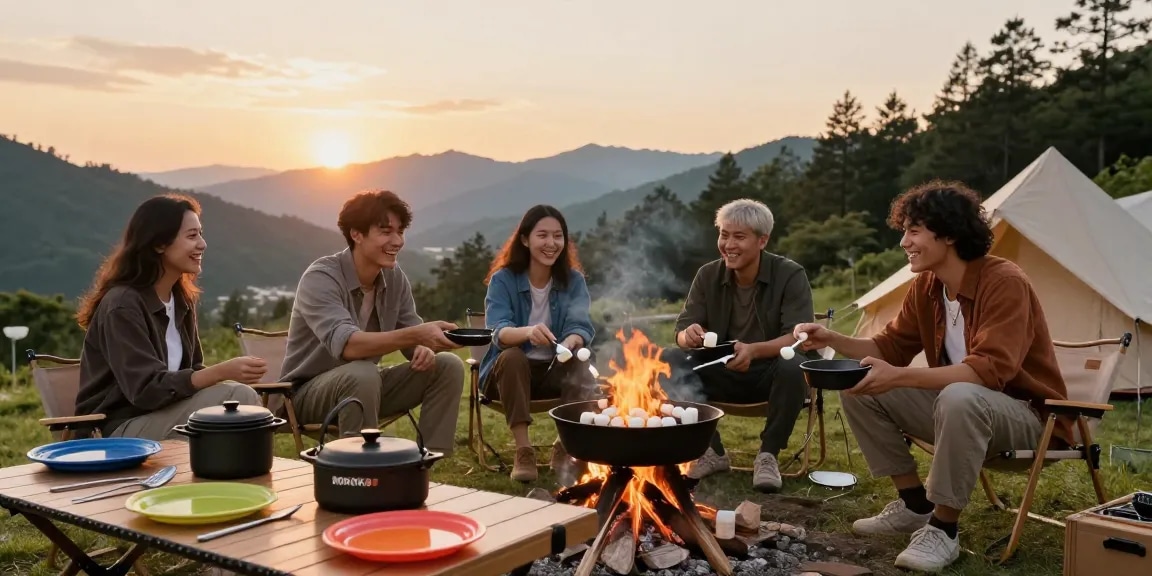 Group enjoying outdoor cooking with ROKOK88 cast iron gear at sunset.