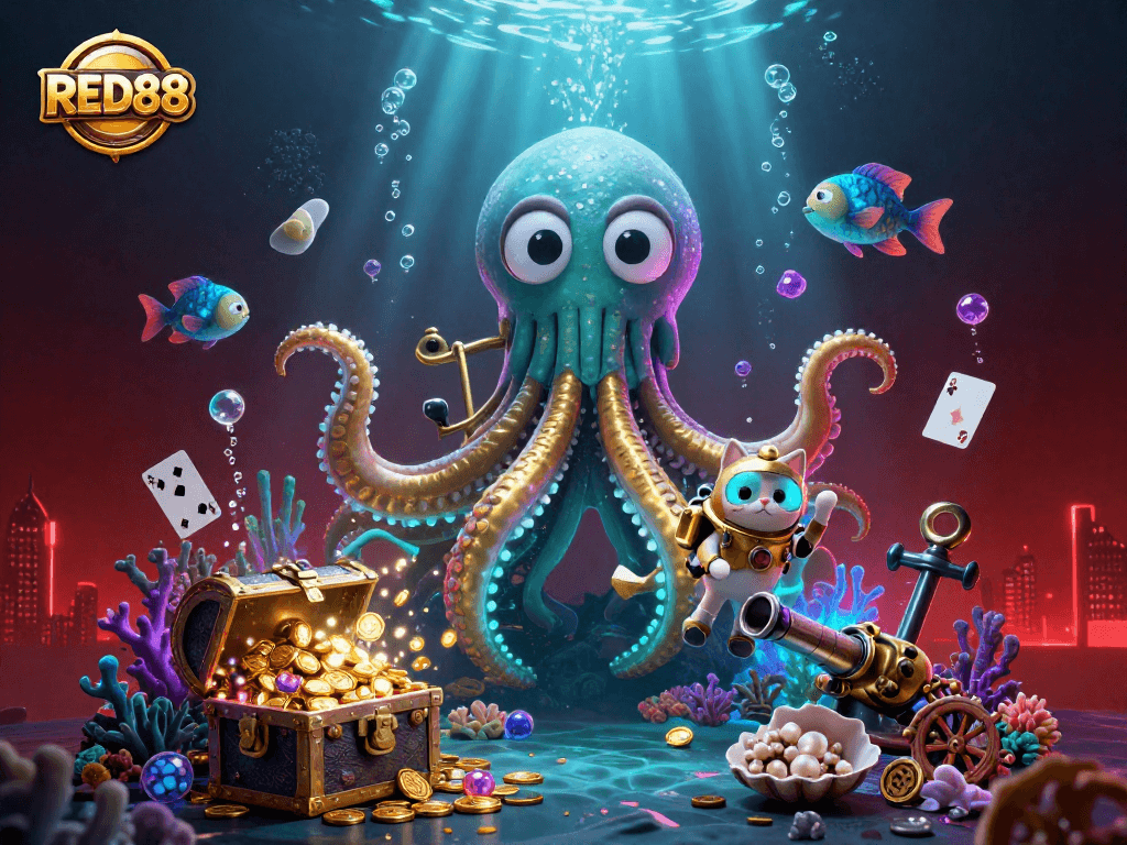 Engage with RED88’s thrilling underwater casino adventure featuring a kraken and treasure.