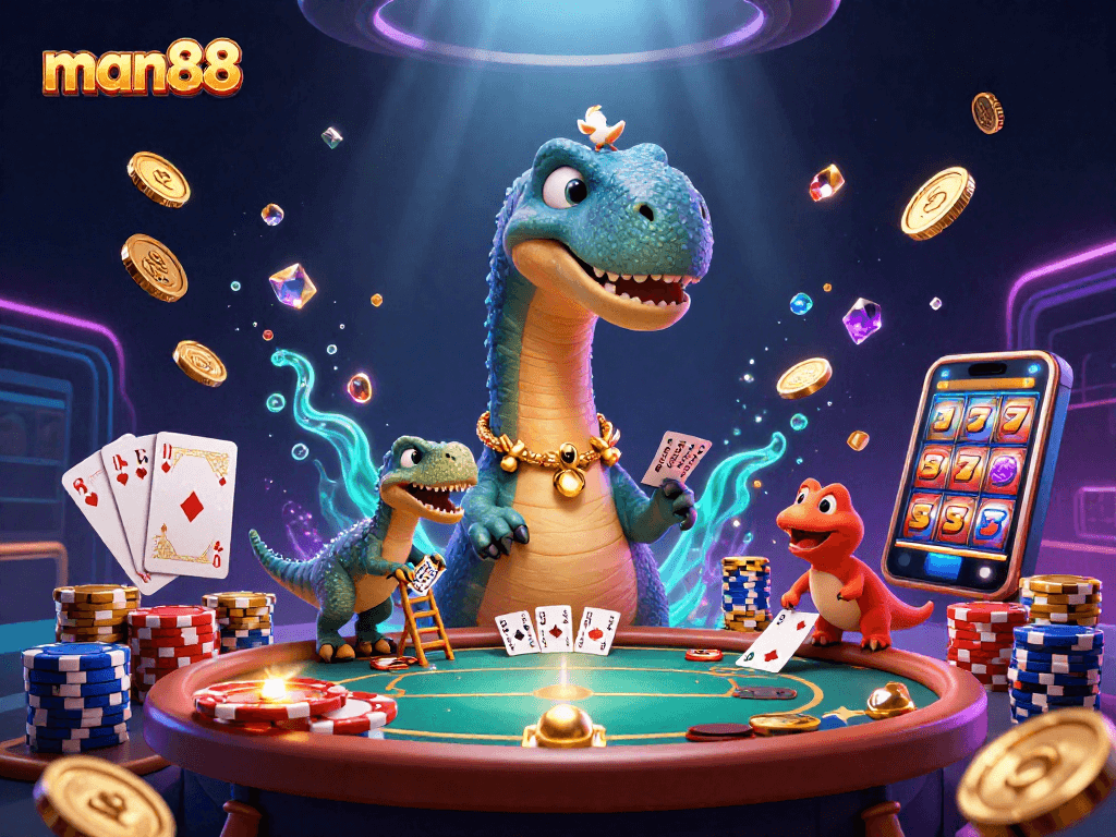 Experience thrilling gameplay at man88 with a towering brontosaurus and raptor dealer among dynamic casino elements.