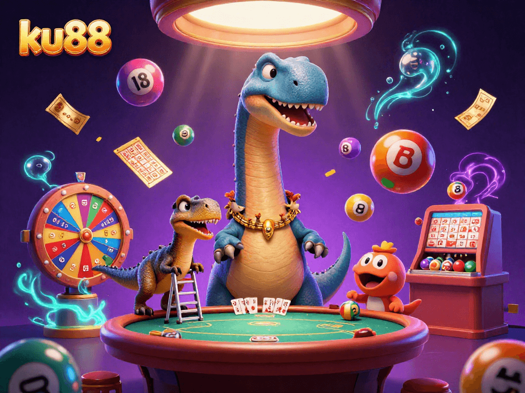 ku88 showcases a lively casino scene with a brontosaurus and colorful lottery balls.