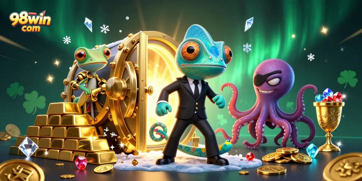Experience exciting gaming action at 98win com with our vibrant illustrated casino scene full of treasures.
