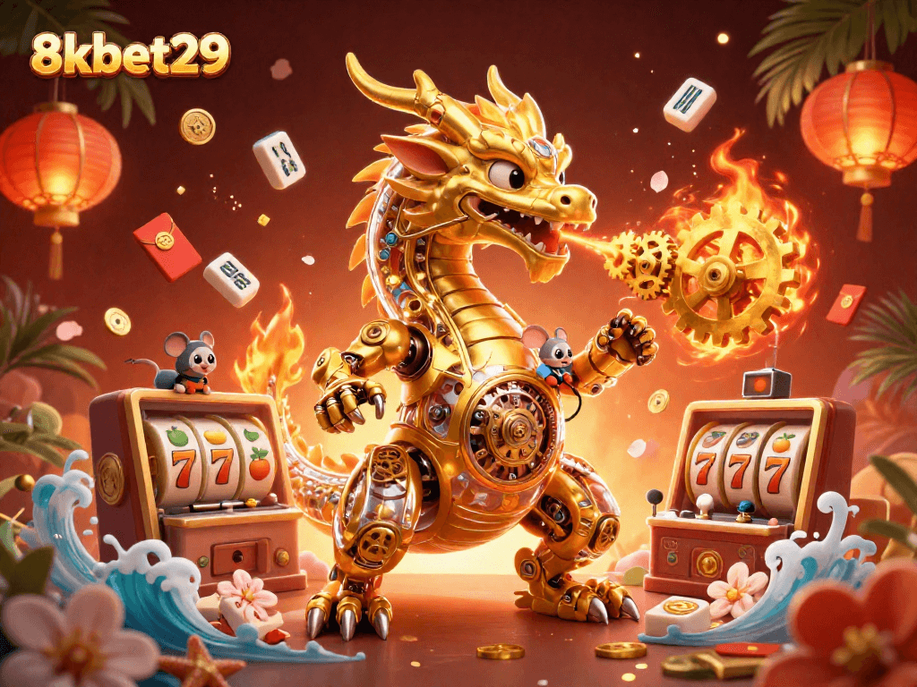 Experience thrilling gaming at 8kbet29 with our vibrant 3D casino illustration showcasing action-packed slot machine excitement.