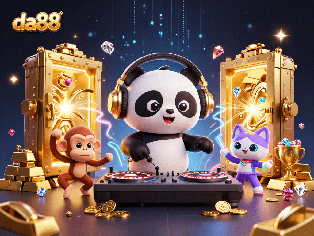 da88 showcases a vibrant casino scene with a DJ panda and monkey dancing amid treasure