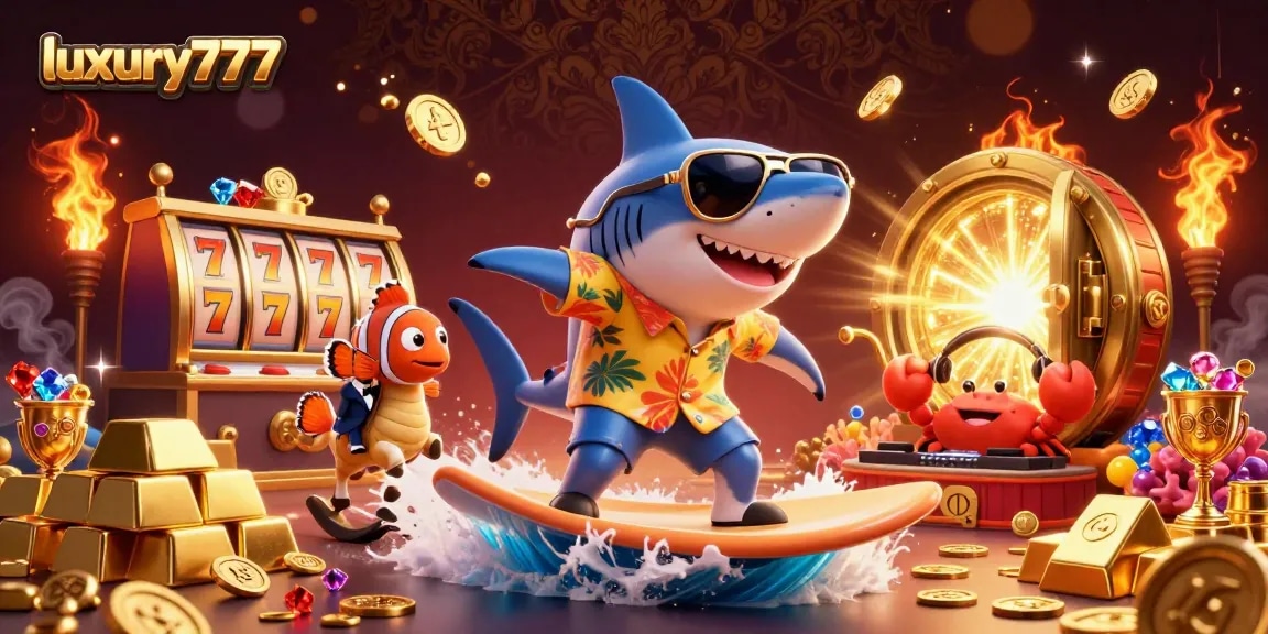 Experience luxury777 slots with a playful shark surfing coins and sparkling gems in this vibrant casino illustration.