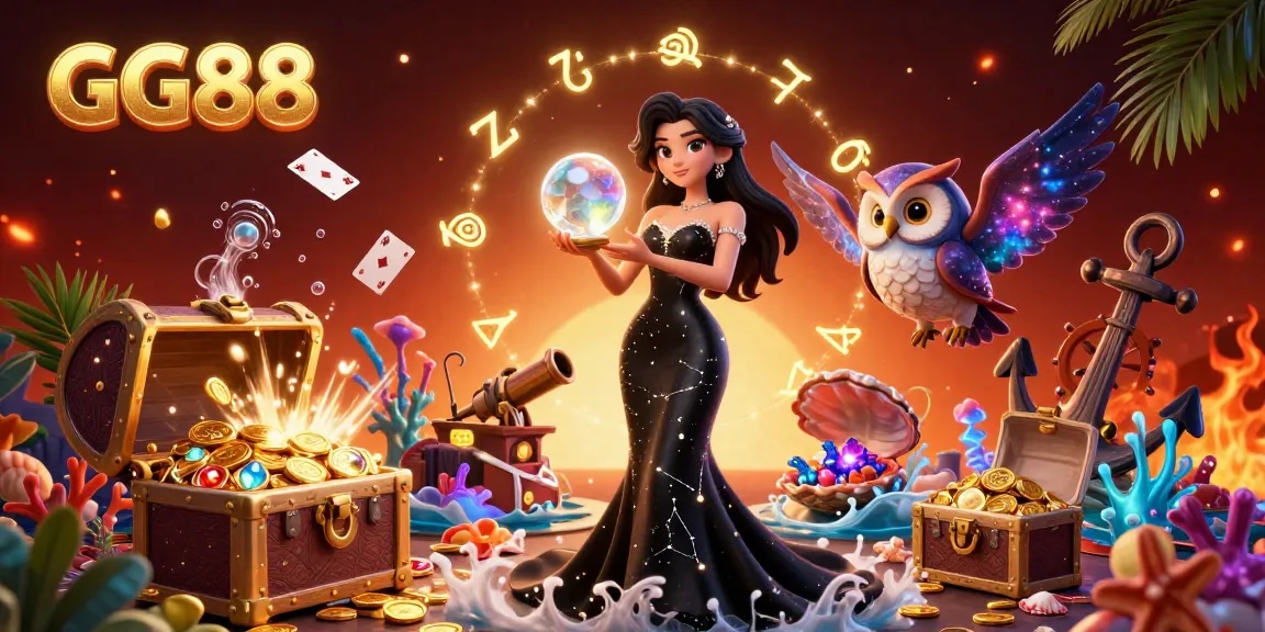 Join the excitement at GG88, where glowing treasures and vibrant casino games collide in an enchanting scene.