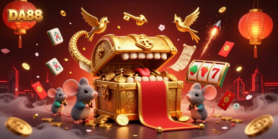 Engage players with the DA88 golden treasure chest luring adventurer mice amidst casino riches.
