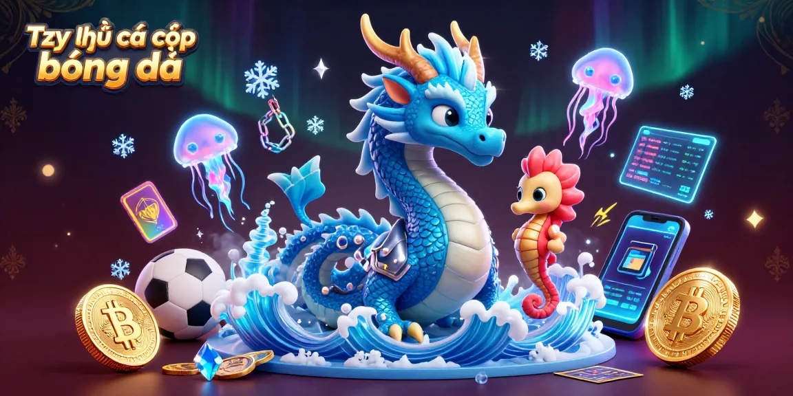 Tỷ lệ cá cược bóng đá illustrated with an azure dragon and a seahorse knight, surrounded by sports elements.