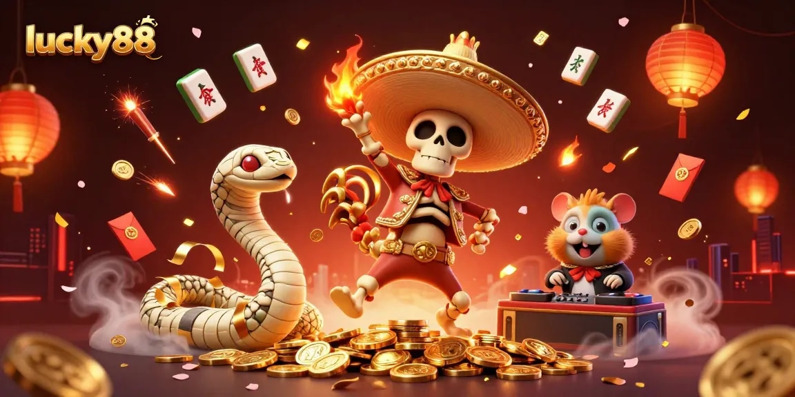 Experience exhilarating wins at lucky88 with vibrant 3D casino characters and festive elements.