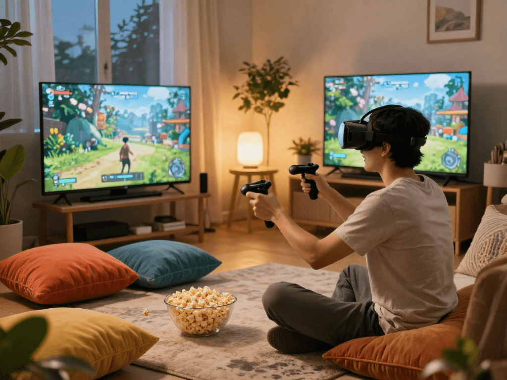 Engaging ai roleplay scene with user in VR headset immersed in action