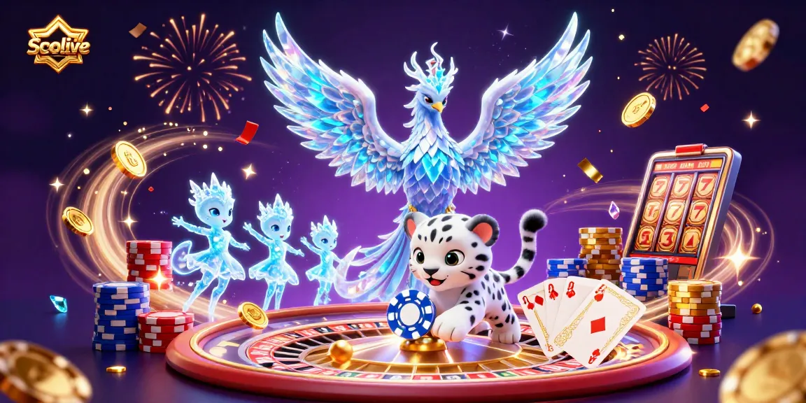Socolive showcases vibrant visuals of an ice phoenix and playful characters in a lively casino-themed scene.