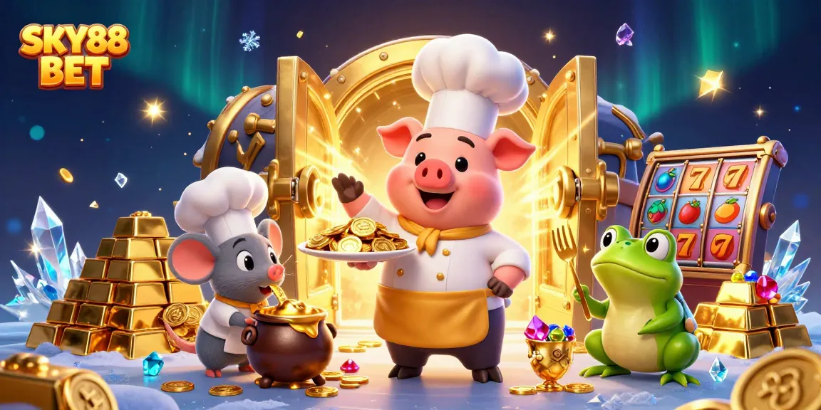 Spin winnings with SKY88 BET as gourmet characters serve golden treasures in a vibrant casino scene.