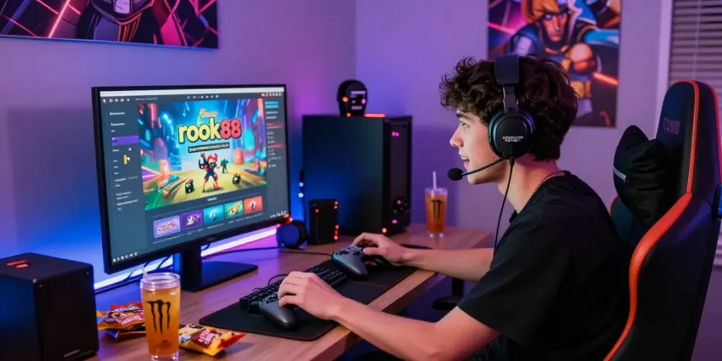 Action-packed gaming session featuring rokok88 platform in a vibrant gaming room atmosphere.