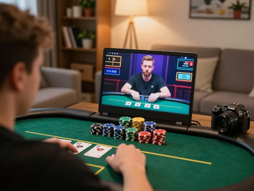 uu88 player engaged in online poker, showcasing strategic gameplay and cozy home atmosphere.