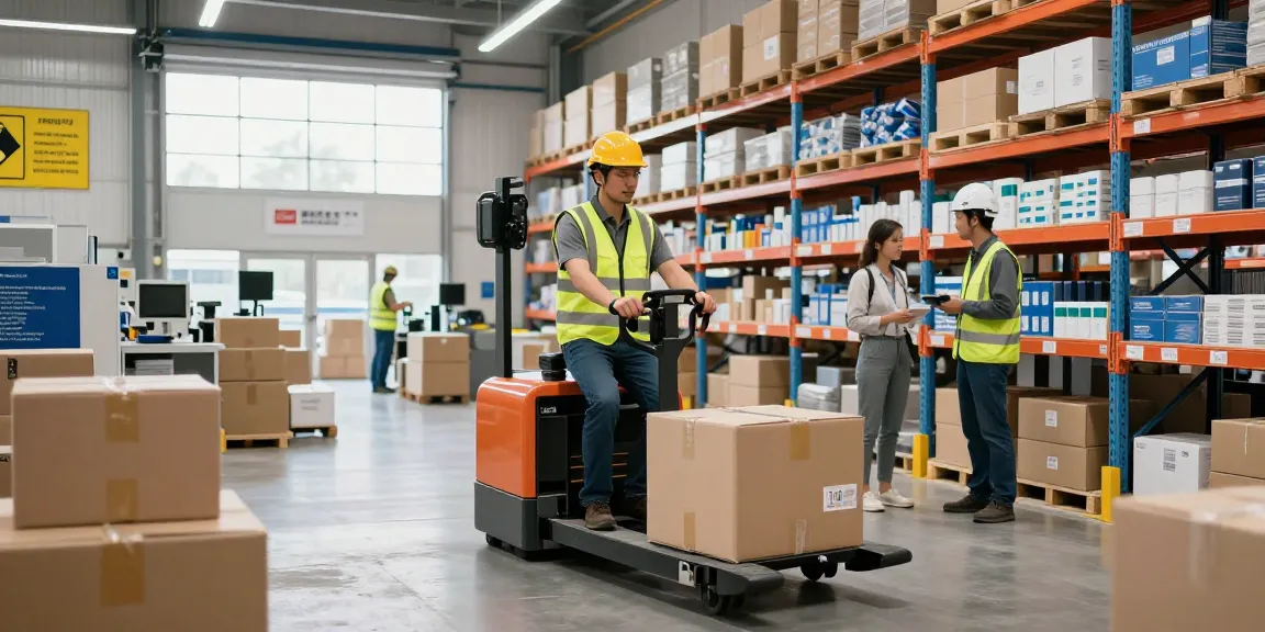 Operator using an electric pallet jack to efficiently transport goods in a bright warehouse.