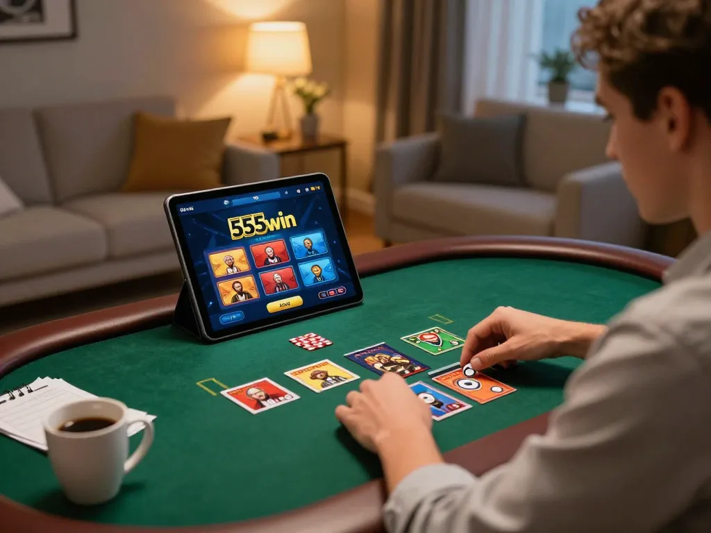 Engaged player using the 555win app for online poker in a cozy home setup, showcasing strategic gameplay.