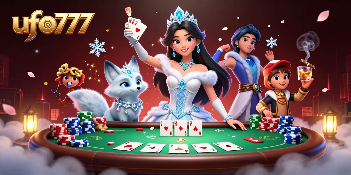 Engage with ufo777's thrilling poker scene featuring a stunning ice queen and vibrant casino elements.