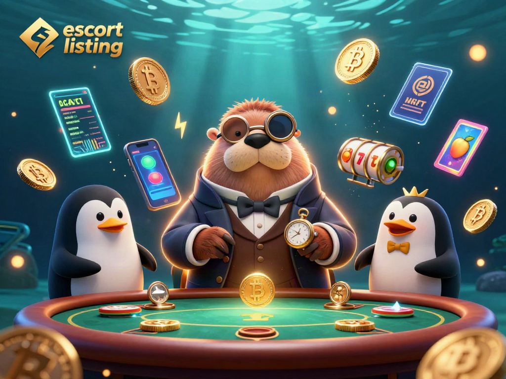 Engaging illustration showcasing a dynamic escort listing scene with vibrant characters and casino elements.