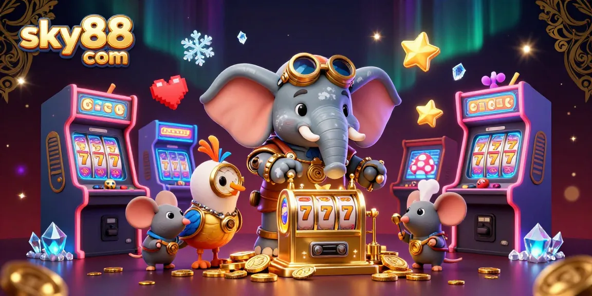 Spin to win at sky88 com with a steampunk elephant and vibrant casino game elements!