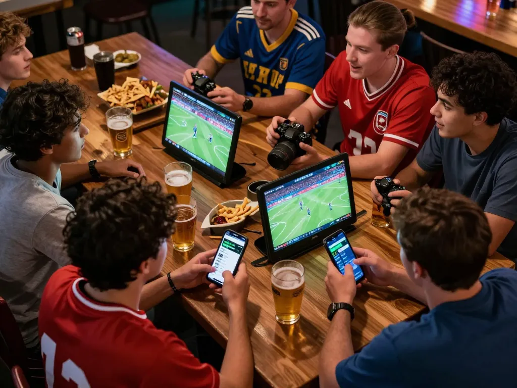 Friends engaged in sports betting excitement while enjoying the game, 5679 team jerseys visible.