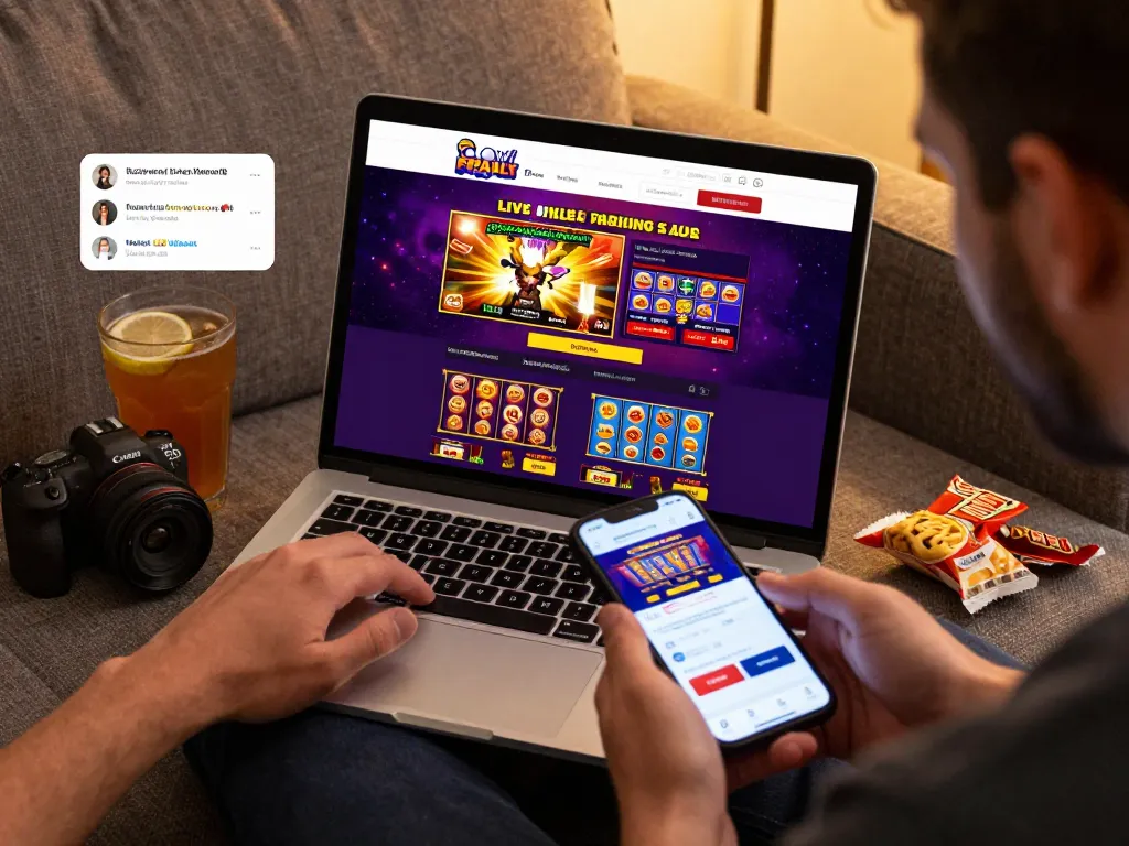 Engaging player enjoying 789p online gambling experience on a laptop in a cozy setting, showcasing vibrant gaming options.