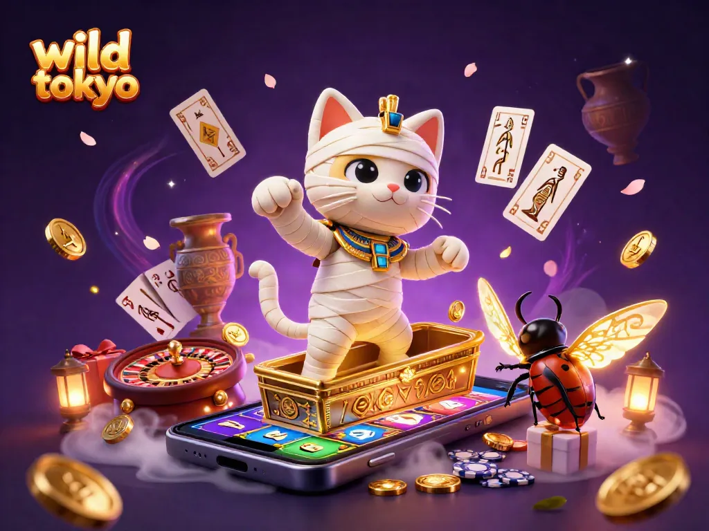 Play exciting games at wild tokyo casino with a vibrant 3D illustration of a mummy cat and fun gaming elements.