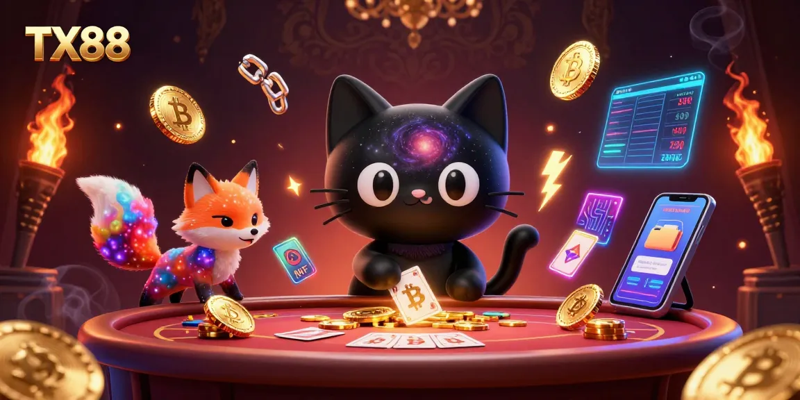 TX88 casino scene showcasing a cosmic black hole cat and nebula fox amidst vibrant gambling elements, capturing the exciting gaming atmosphere.
