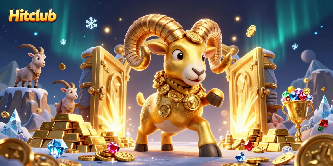 Hitclub's exciting gameplay illustrated with a golden ram charging through a treasure vault in a casino scene.