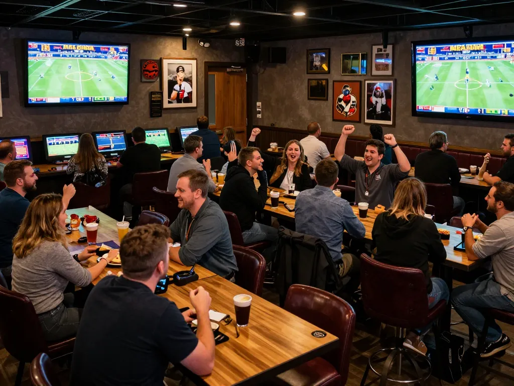Sports enthusiasts engaging in soi keo nha cai while celebrating wins in a lively sports bar atmosphere